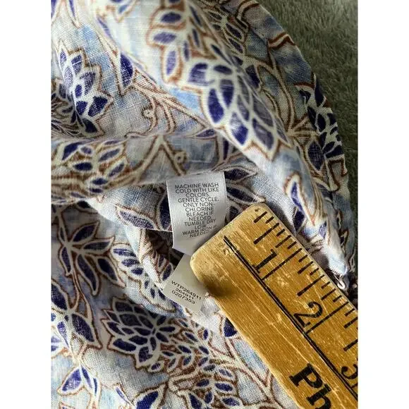 J Jill Love Linen Blouse Top XL Relaxed Printed Lagenlook Coastal Boho Peasant - Picture 9 of 14